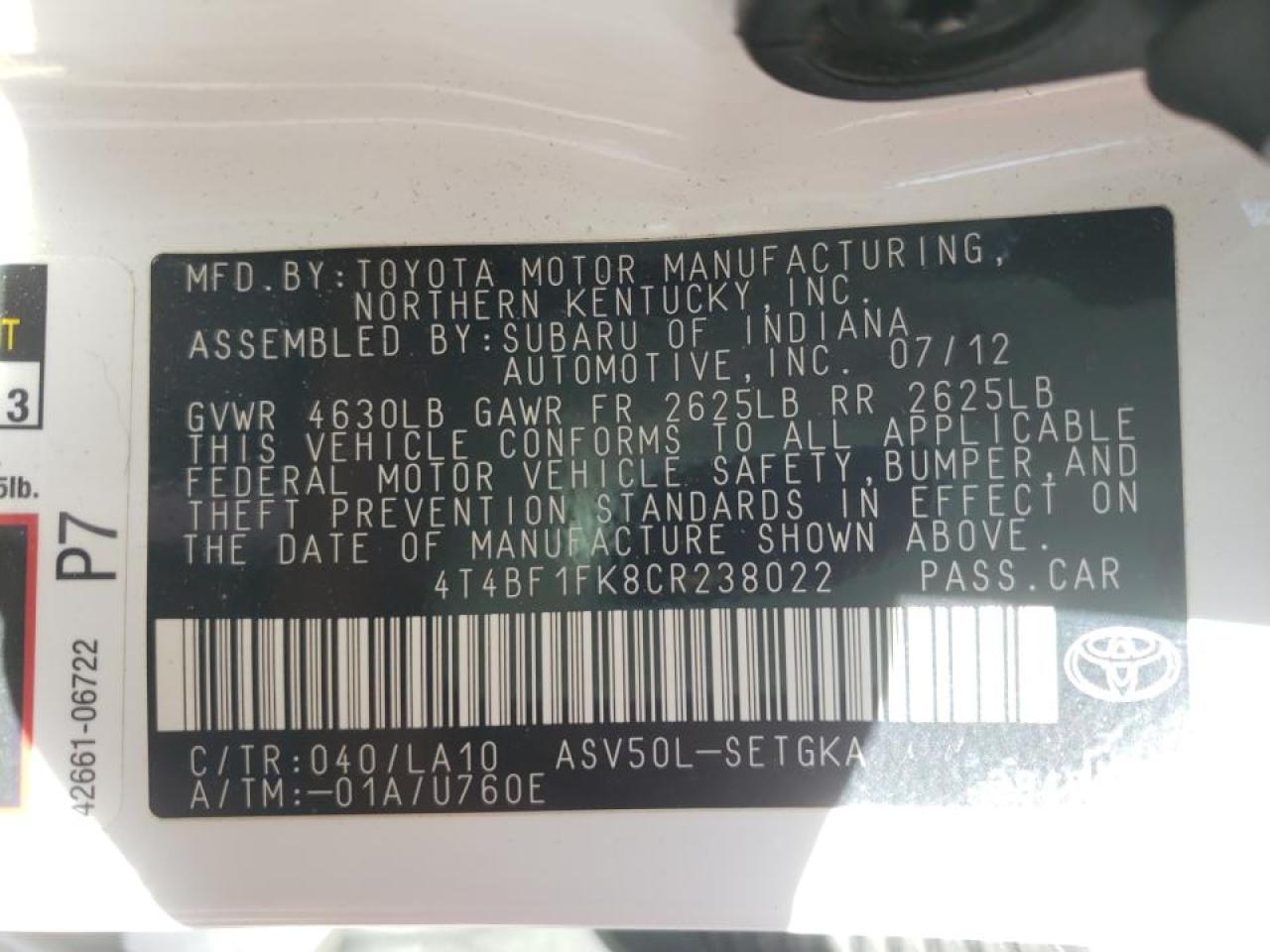 Photo 20 from auction – 2012 TOYOTA CAMRY BASE with VIN 4T4BF1FK8CR238022
