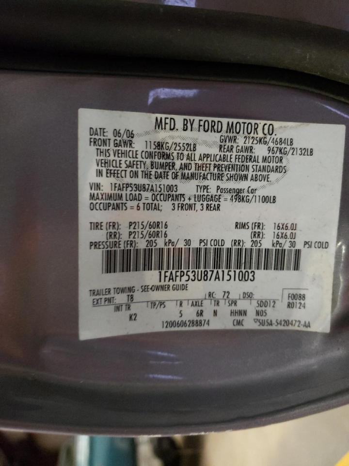 Photo 10 from auction – 2007 FORD TAURUS SE with VIN 1FAFP53U87A151003