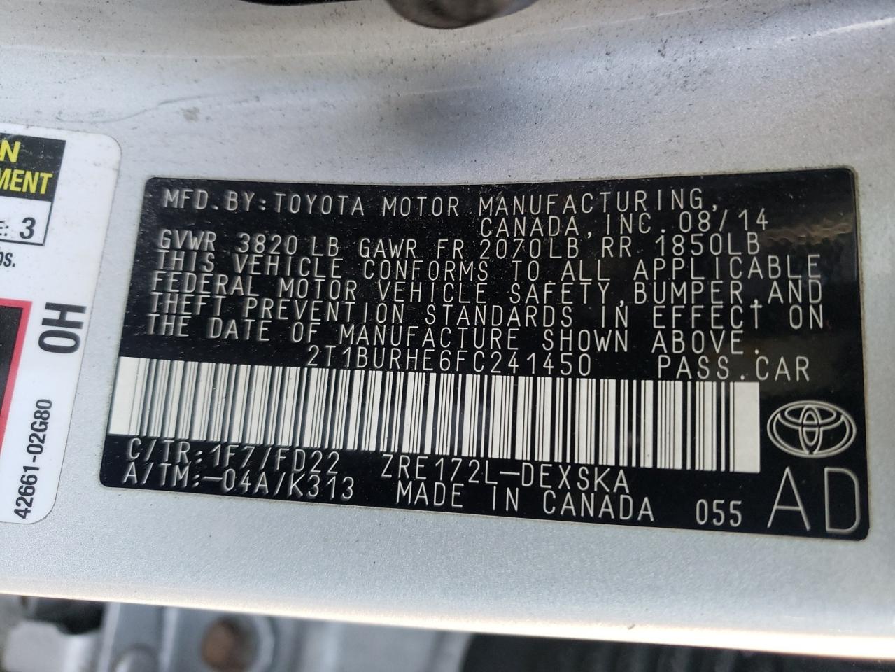 Photo 10 from auction – 2015 TOYOTA COROLLA with VIN 2T1BURHE6FC241450