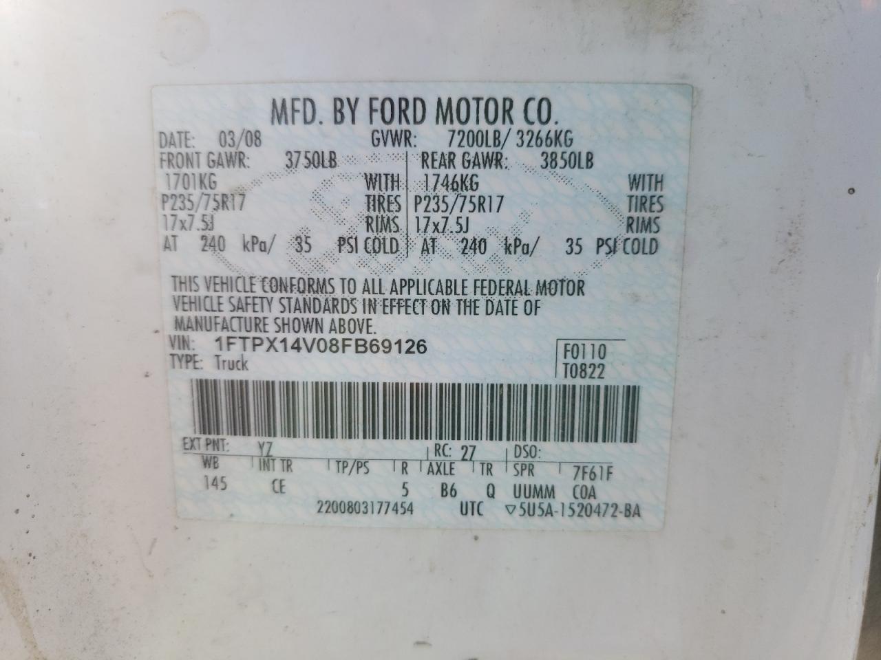 Photo 10 from auction – 2008 FORD F150 with VIN 1FTPX14V08FB69126