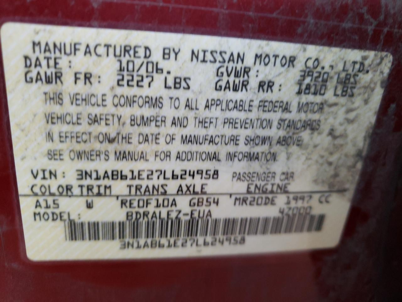 Photo 10 from auction – 2007 NISSAN SENTRA 2.0 with VIN 3N1AB61E27L624958