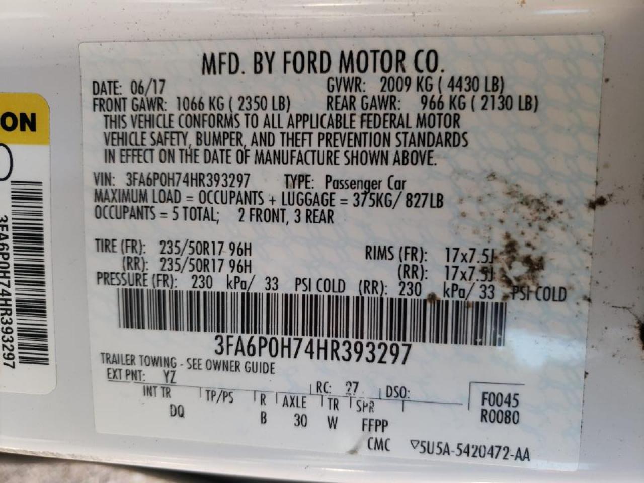 Photo 10 from auction – 2017 FORD FUSION SE with VIN 3FA6P0H74HR393297