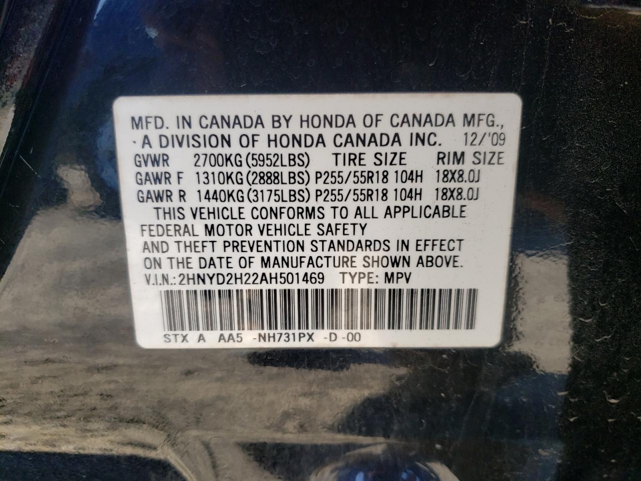 Photo 10 from auction – 2010 ACURA MDX with VIN 2HNYD2H22AH501469