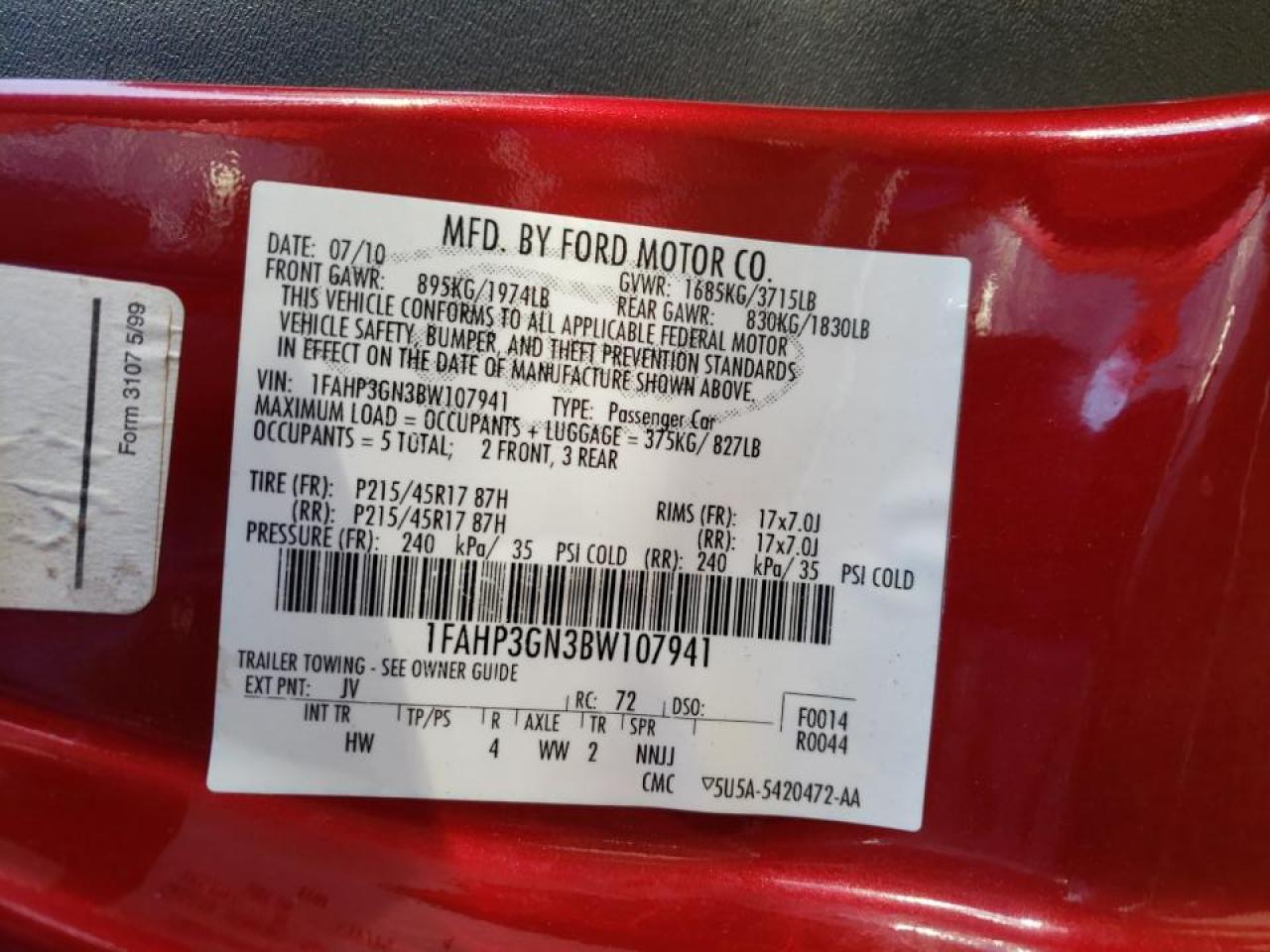 Photo 10 from auction – 2011 FORD FOCUS SES with VIN 1FAHP3GN3BW107941