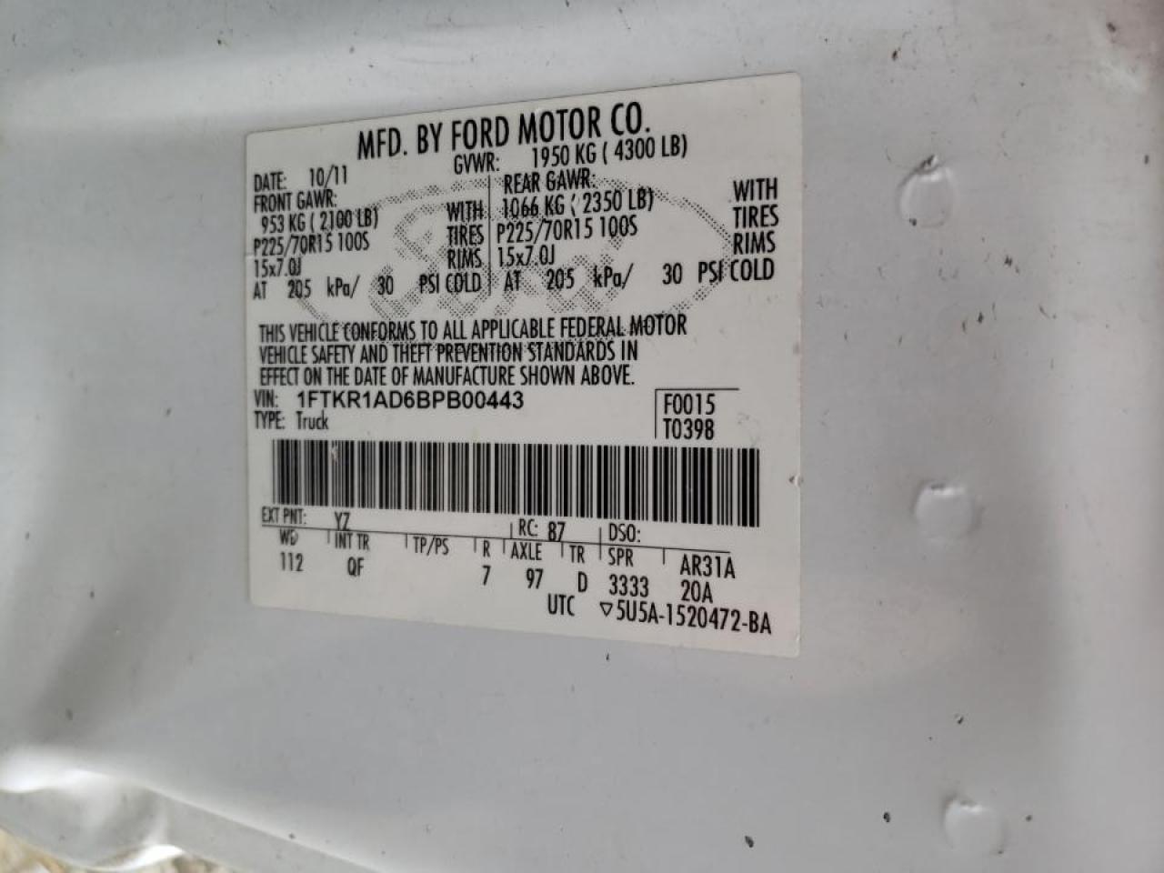 Photo 10 from auction – 2011 FORD RANGER with VIN 1FTKR1AD6BPB00443