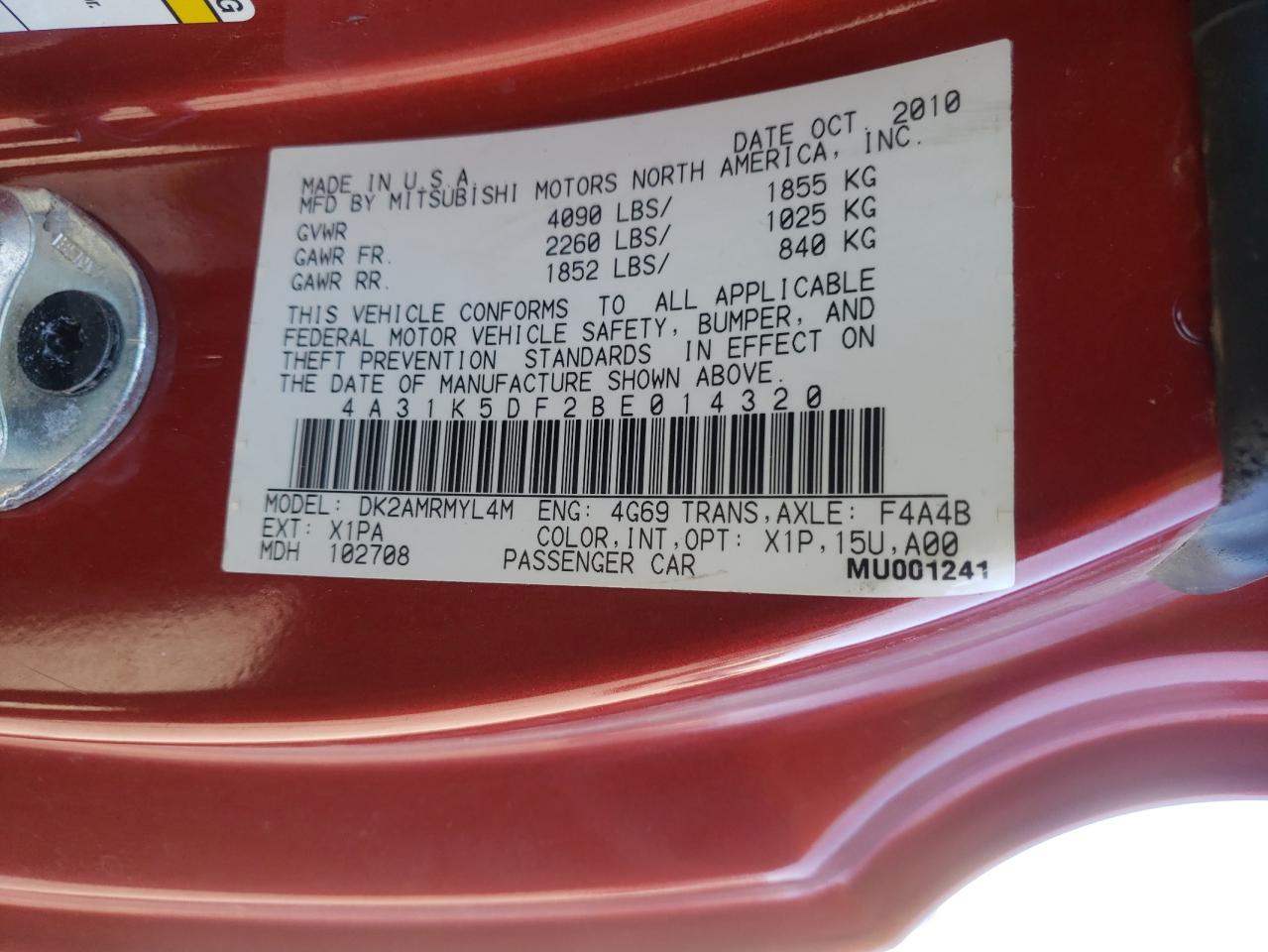 Photo 10 from auction – 2011 MITSUBISHI ECLIPSE GS with VIN 4A31K5DF2BE014320