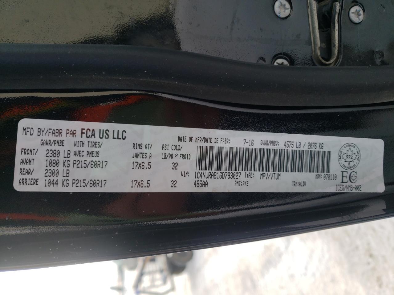 Photo 10 from auction – 2016 JEEP PATRIOT with VIN 1C4NJRAB1GD793027