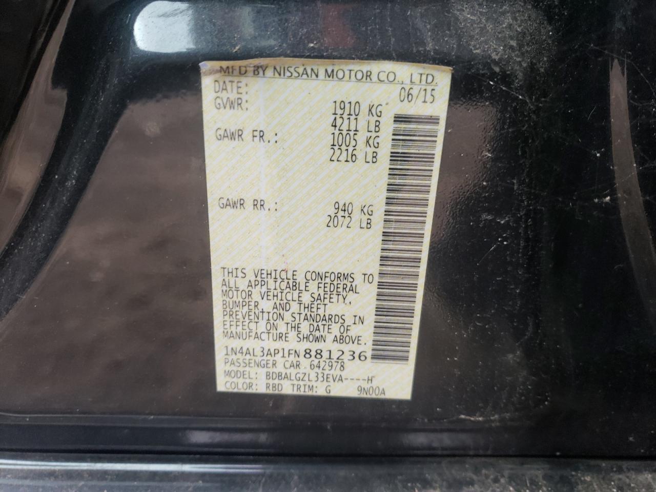 Photo 10 from auction – 2015 NISSAN ALTIMA with VIN 1N4AL3AP1FN881236