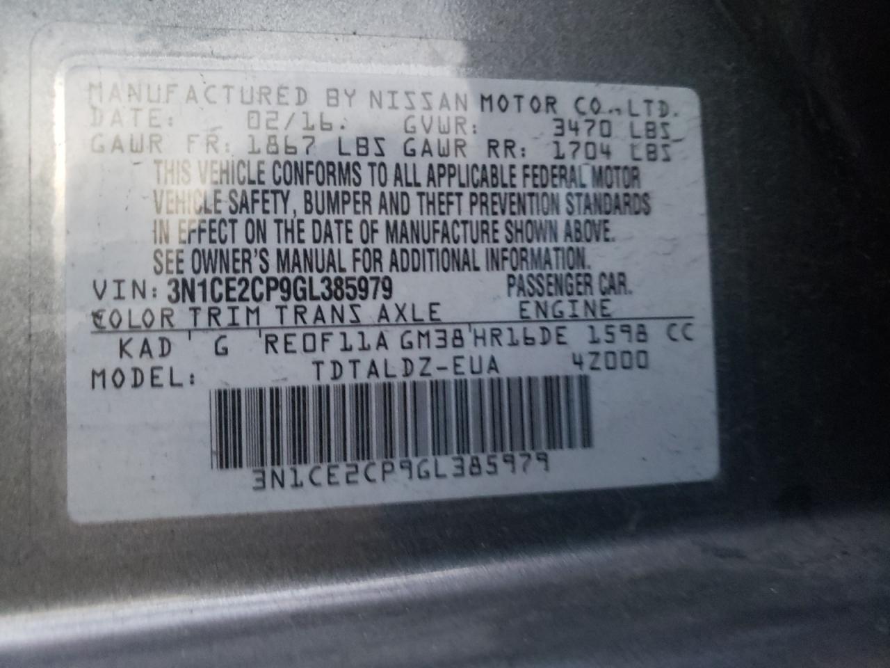 Photo 10 from auction – 2016 NISSAN VERSA NOTE with VIN 3N1CE2CP9GL385979
