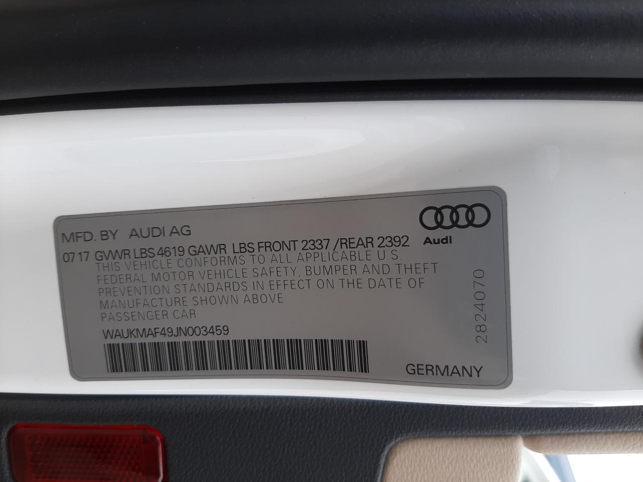 Photo 10 from auction – 2018 AUDI A4 PREMIUM with VIN WAUKMAF49JN003459