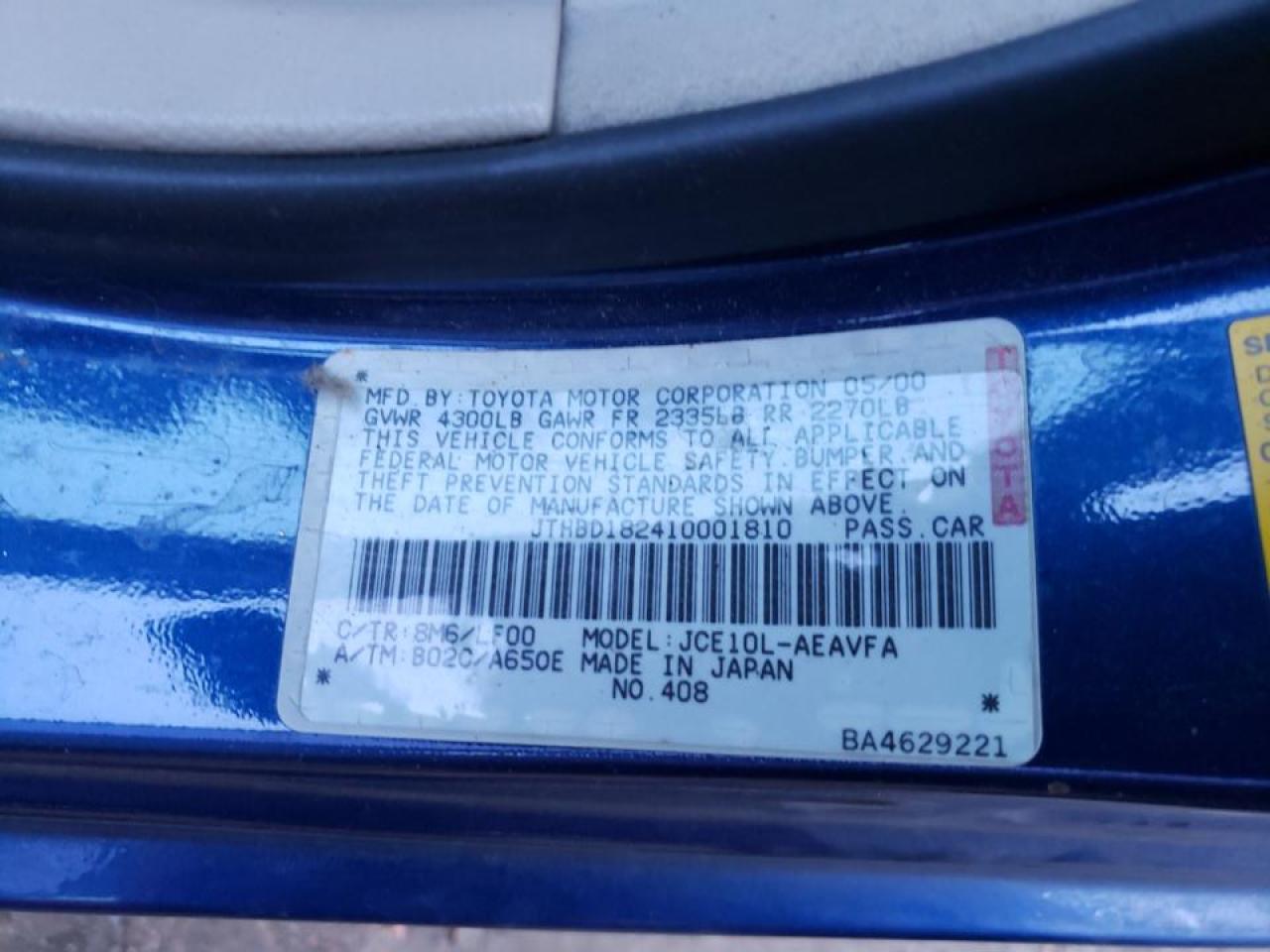 Photo 10 from auction – 2001 LEXUS IS 300 with VIN JTHBD182410001810