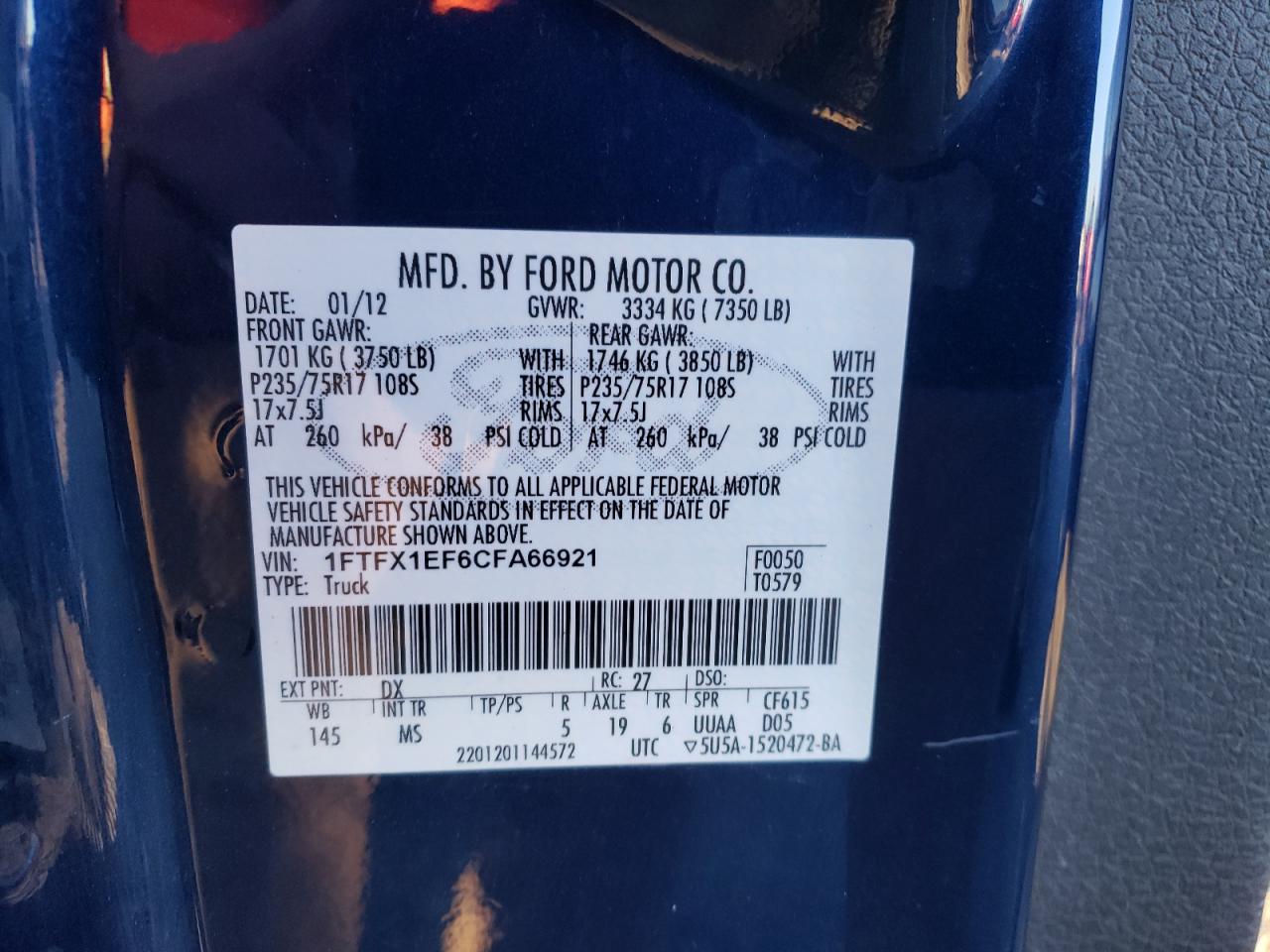 Photo 10 from auction – 2012 FORD F150 4WD with VIN 1FTFX1EF6CFA66921