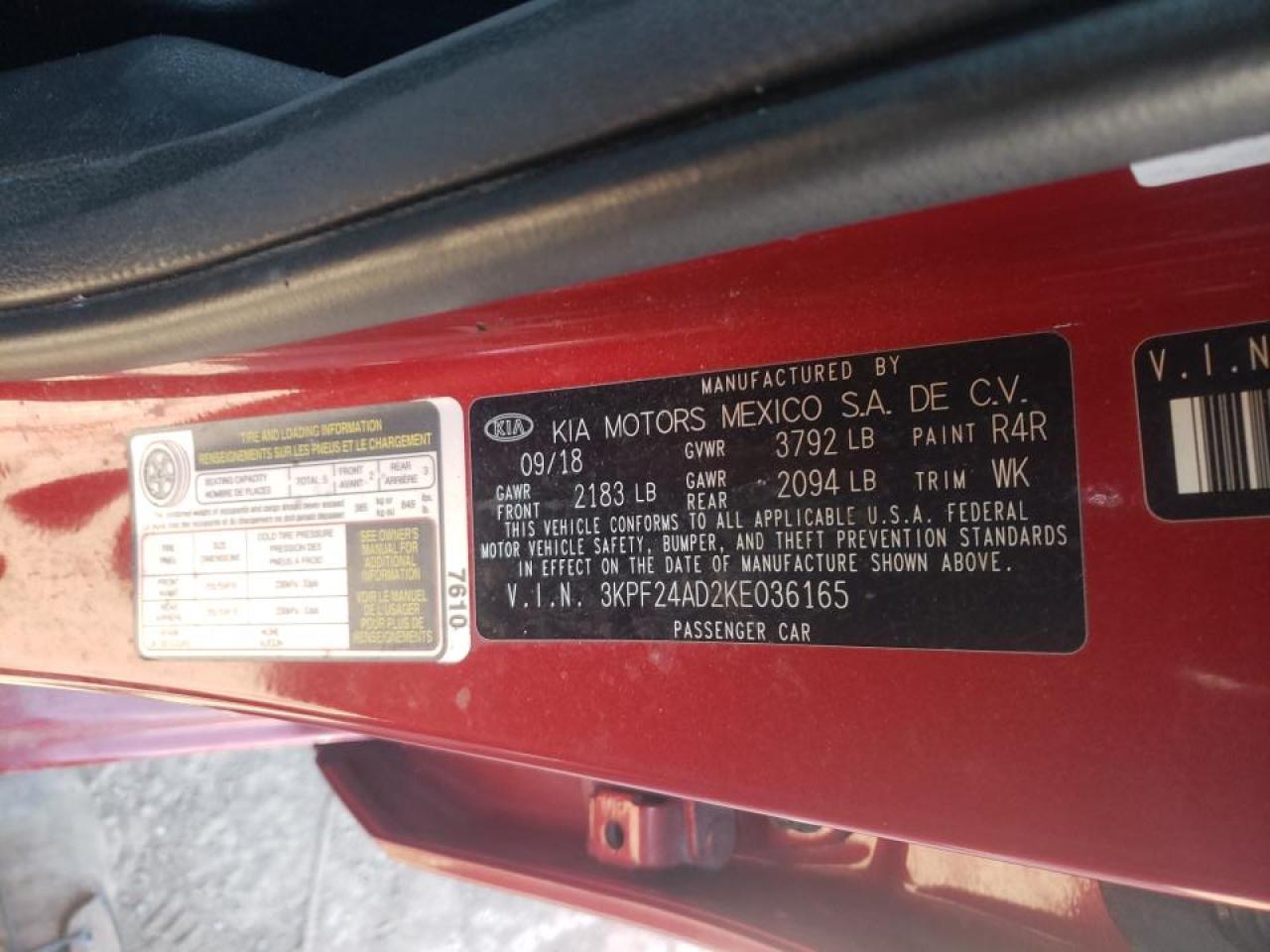 Photo 10 from auction – 2019 KIA FORTE FE with VIN 3KPF24AD2KE036165
