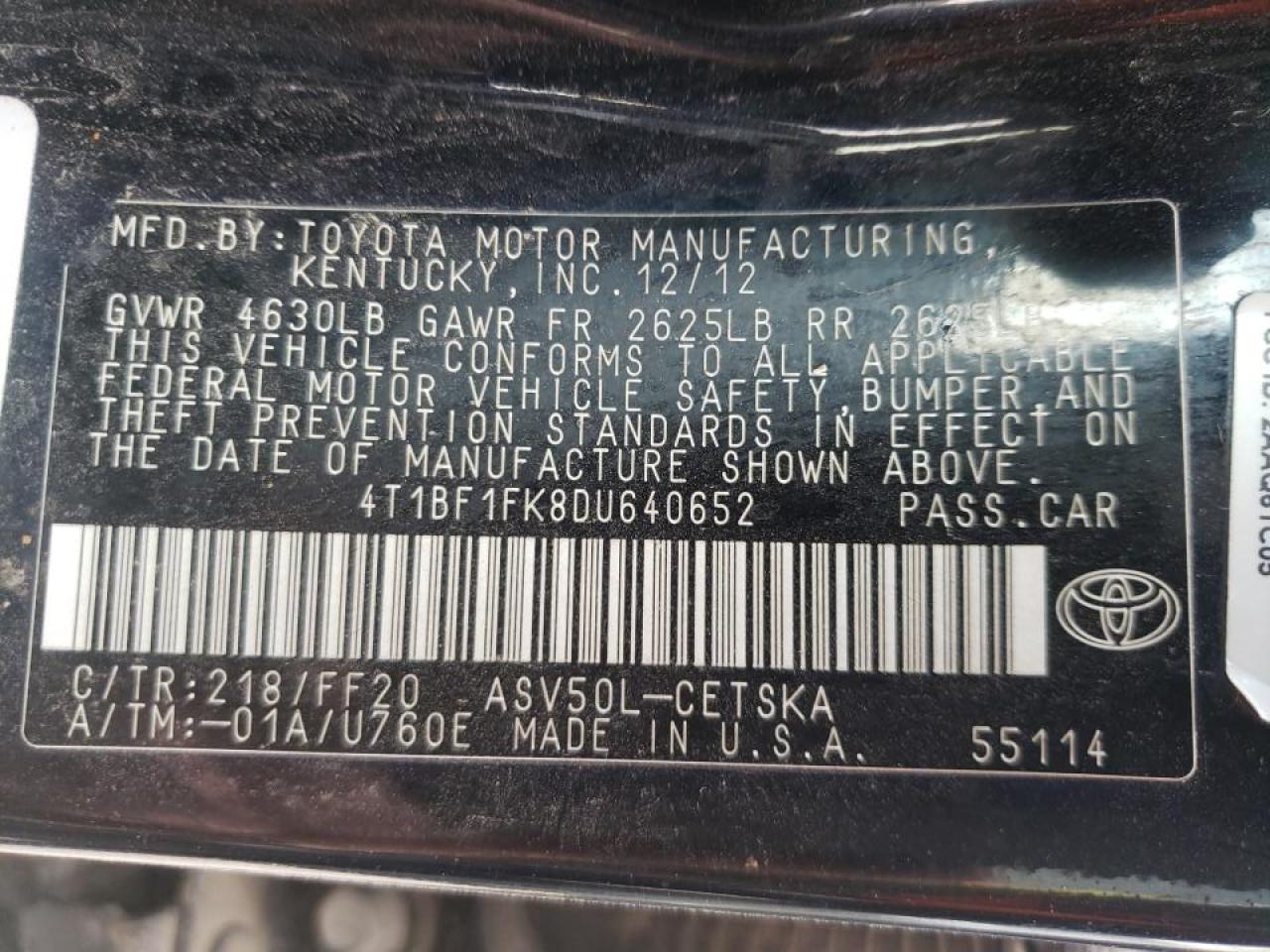 Photo 10 from auction – 2013 TOYOTA CAMRY L with VIN 4T1BF1FK8DU640652