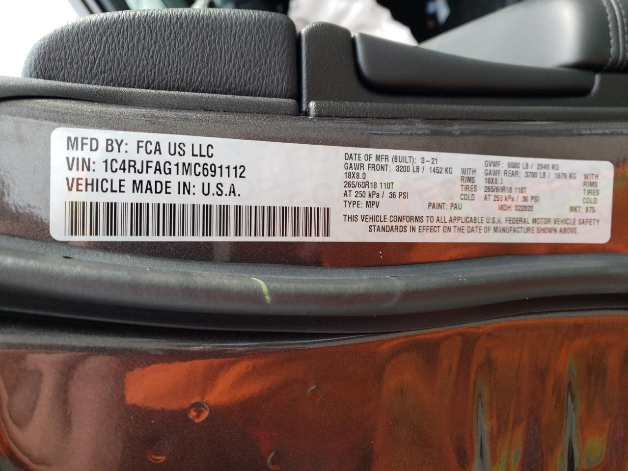 Photo 10 from auction – 2021 JEEP GRAND CHER with VIN 1C4RJFAG1MC691112