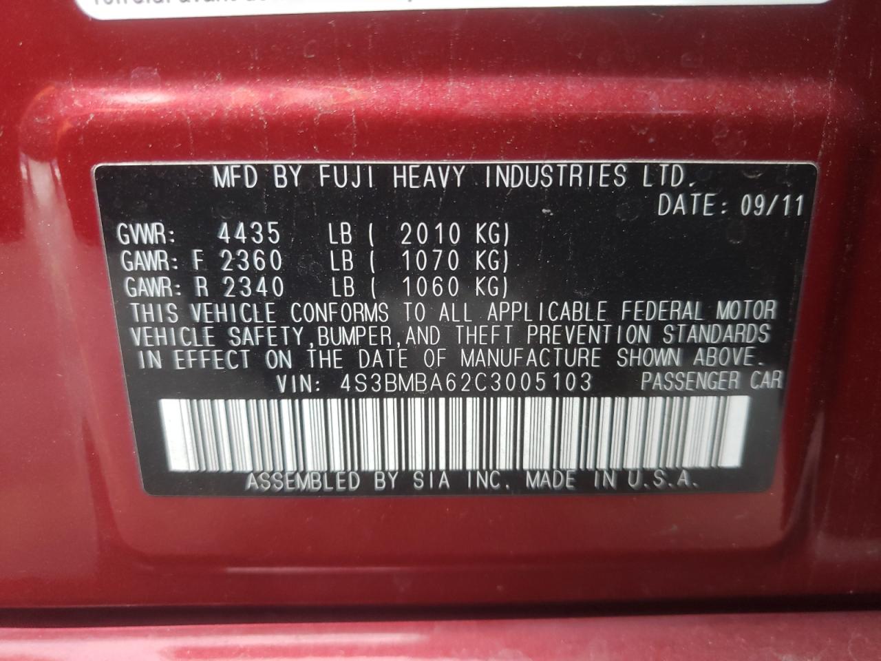 Photo 10 from auction – 2012 SUBARU LEGACY 2.5 with VIN 4S3BMBA62C3005103