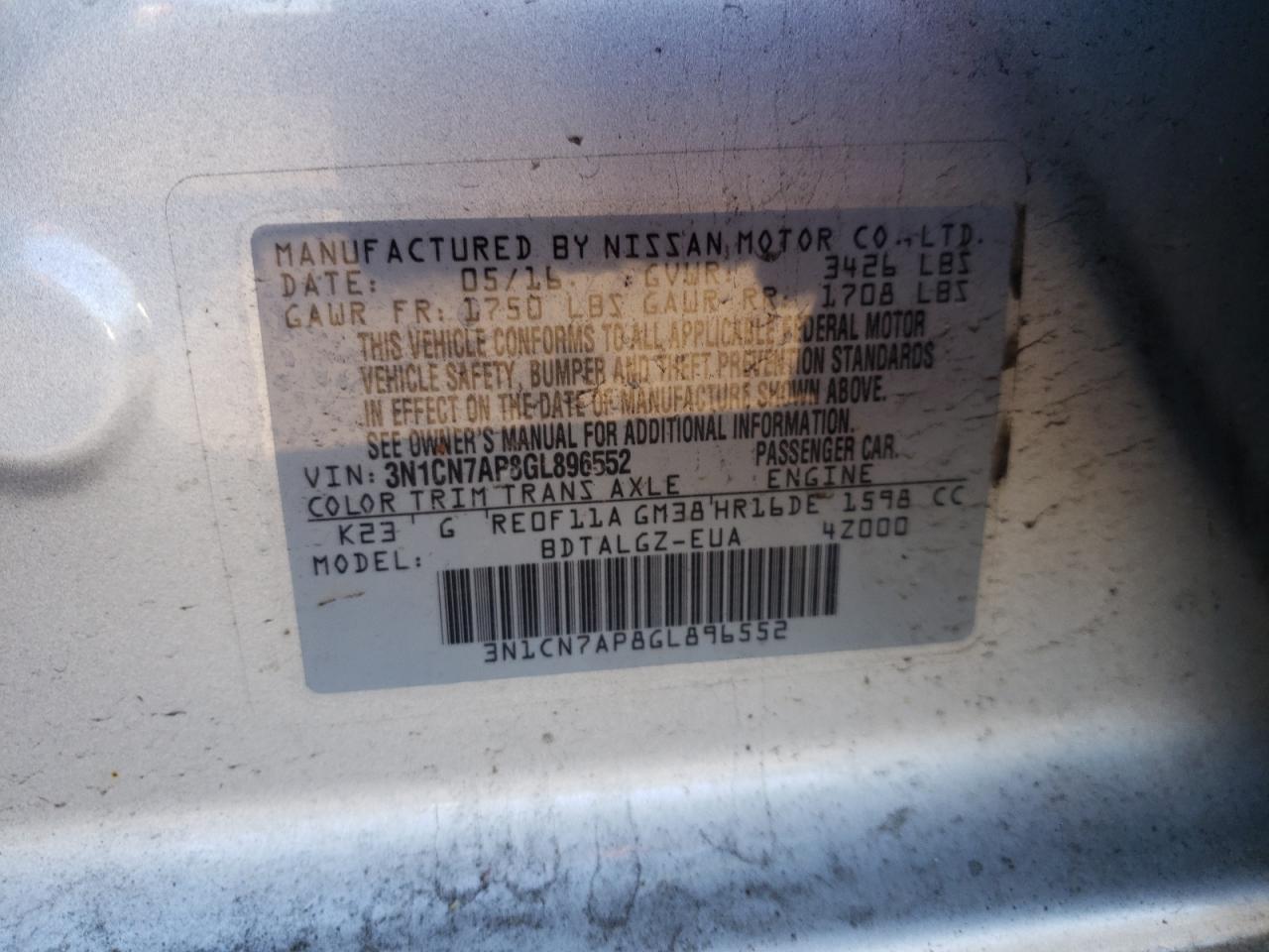 Photo 10 from auction – 2016 NISSAN VERSA S with VIN 3N1CN7AP8GL896552