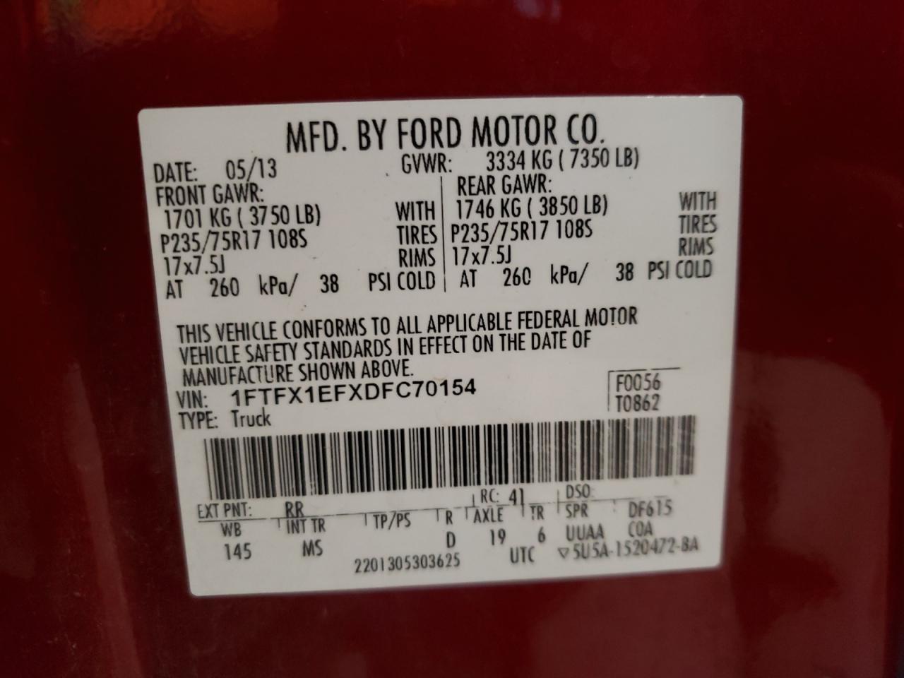 Photo 10 from auction – 2013 FORD F150 SUPER with VIN 1FTFX1EFXDFC70154