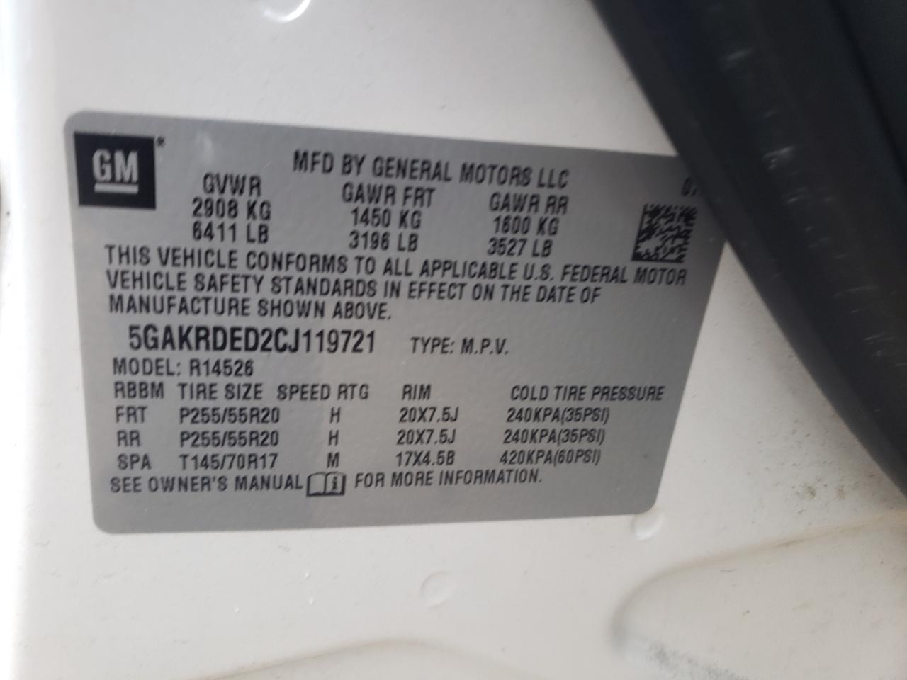 Photo 10 from auction – 2012 BUICK ENCLAVE with VIN 5GAKRDED2CJ119721
