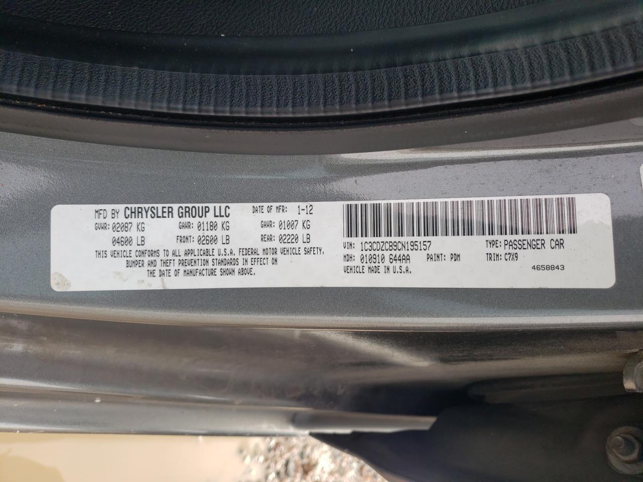 Photo 10 from auction – 2012 DODGE AVENGER SX with VIN 1C3CDZCB9CN195157