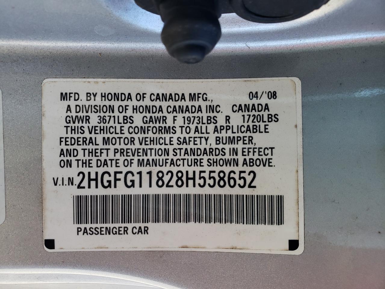 Photo 10 from auction – 2008 HONDA CIVIC EX with VIN 2HGFG11828H558652