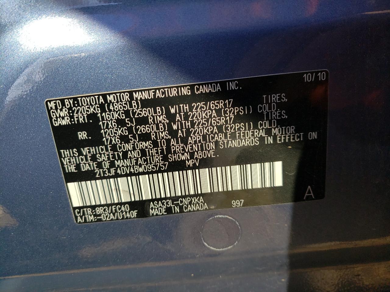Photo 10 from auction – 2011 TOYOTA RAV4 with VIN 2T3JF4DV4BW095757