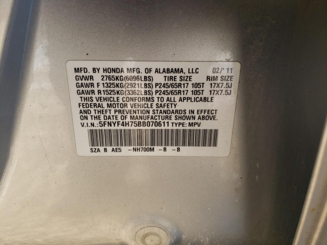 Photo 10 from auction – 2011 HONDA PILOT EXLN with VIN 5FNYF4H75BB070611