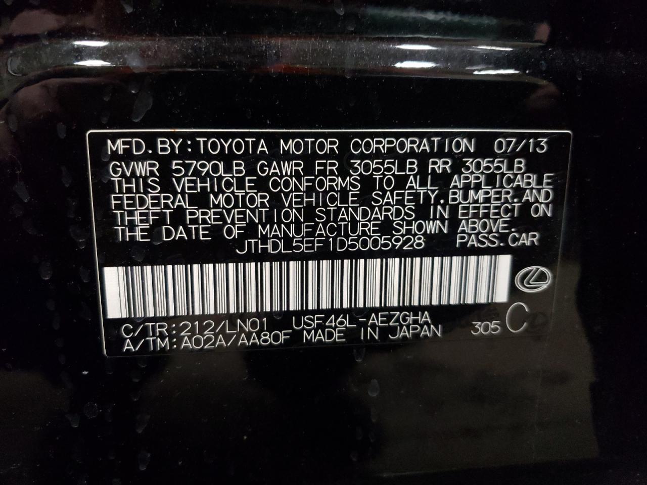 Photo 10 from auction – 2013 LEXUS LS 460L with VIN JTHDL5EF1D5005928