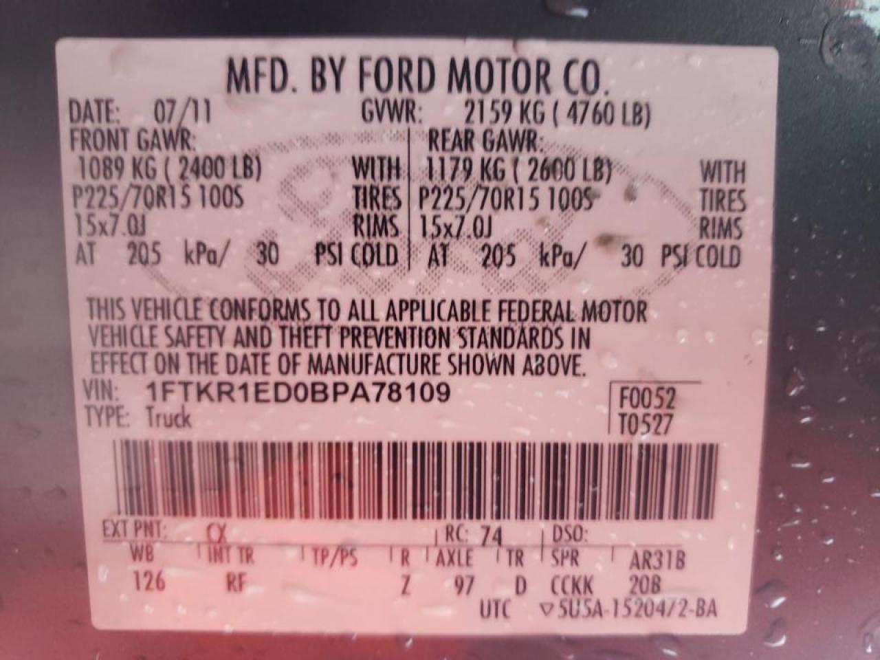 Photo 10 from auction – 2011 FORD RANGER with VIN 1FTKR1ED0BPA78109
