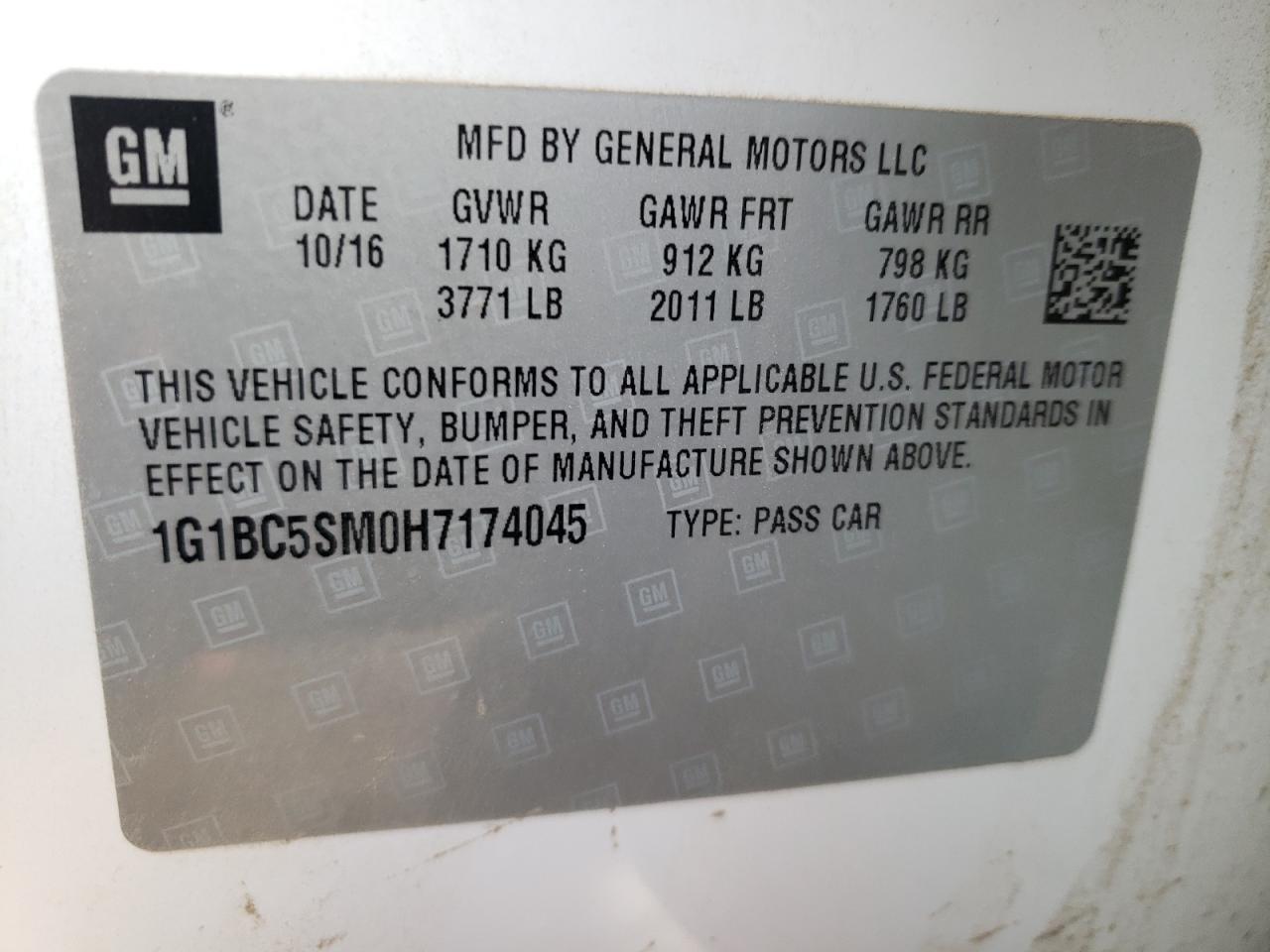 Photo 10 from auction – 2017 CHEVROLET CRUZE LS with VIN 1G1BC5SM0H7174045
