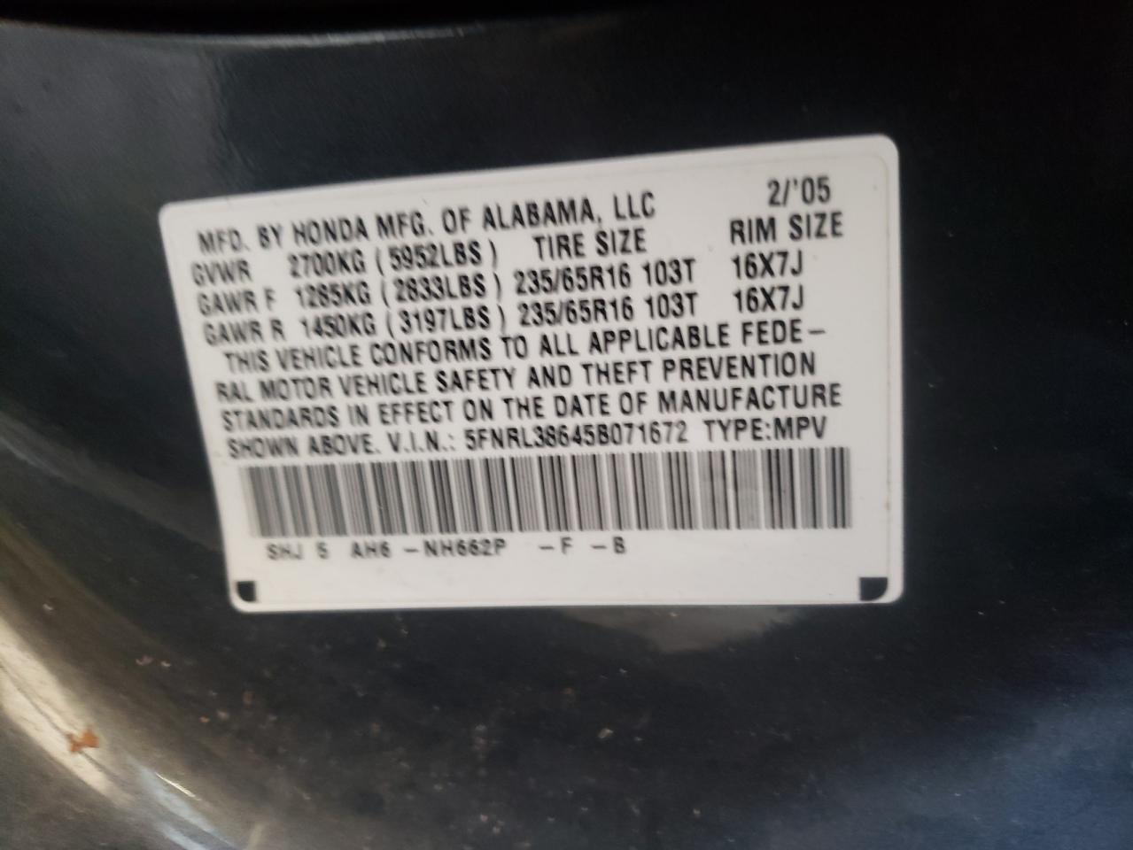 Photo 10 from auction – 2005 HONDA ODYSSEY EX with VIN 5FNRL38645B071672