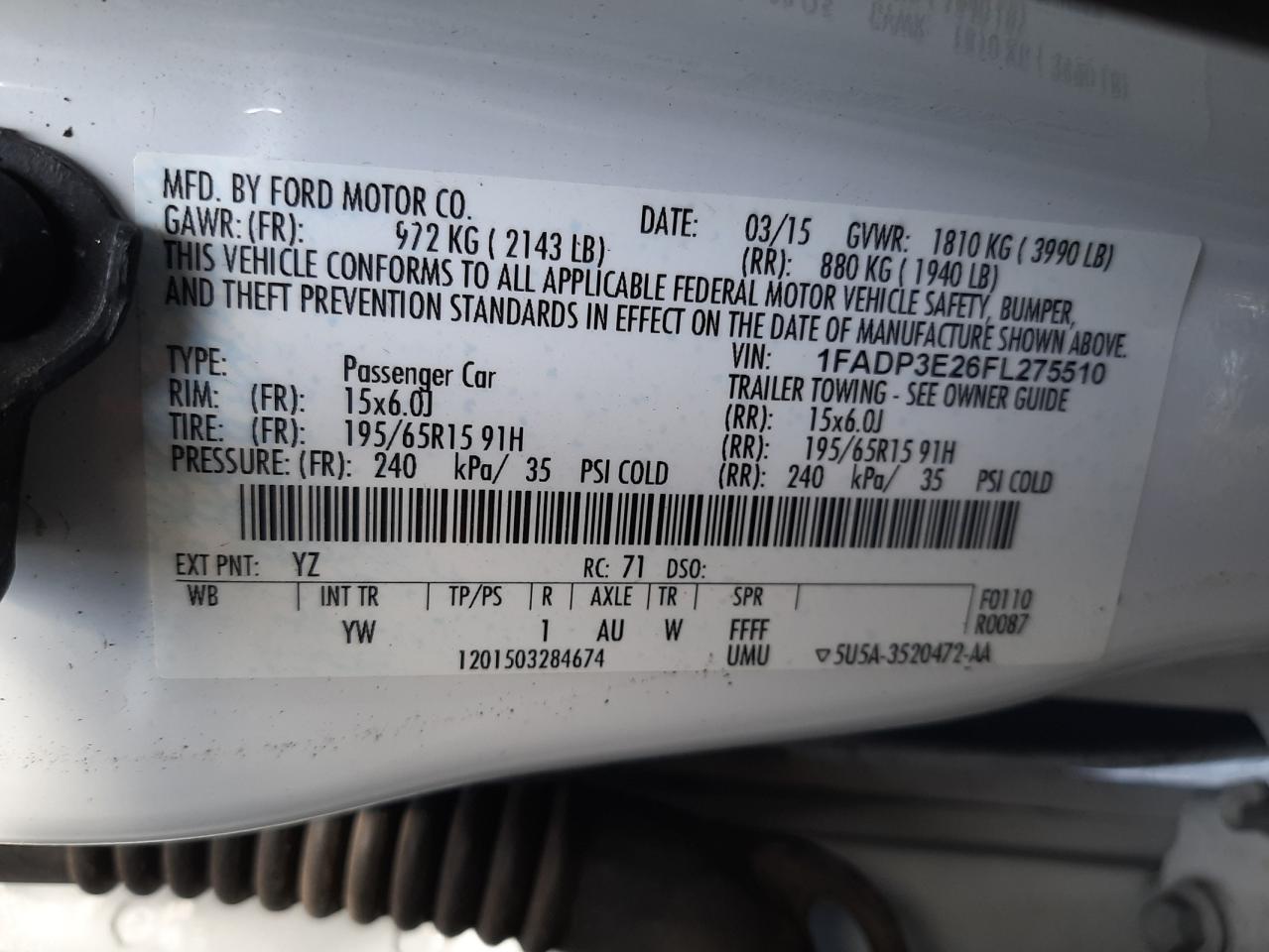 Photo 10 from auction – 2015 FORD FOCUS S with VIN 1FADP3E26FL275510