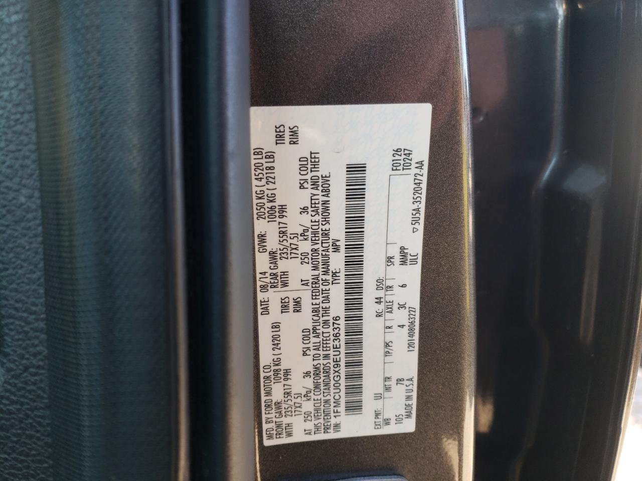 Photo 10 from auction – 2014 FORD ESCAPE SE with VIN 1FMCU0GX9EUE36376