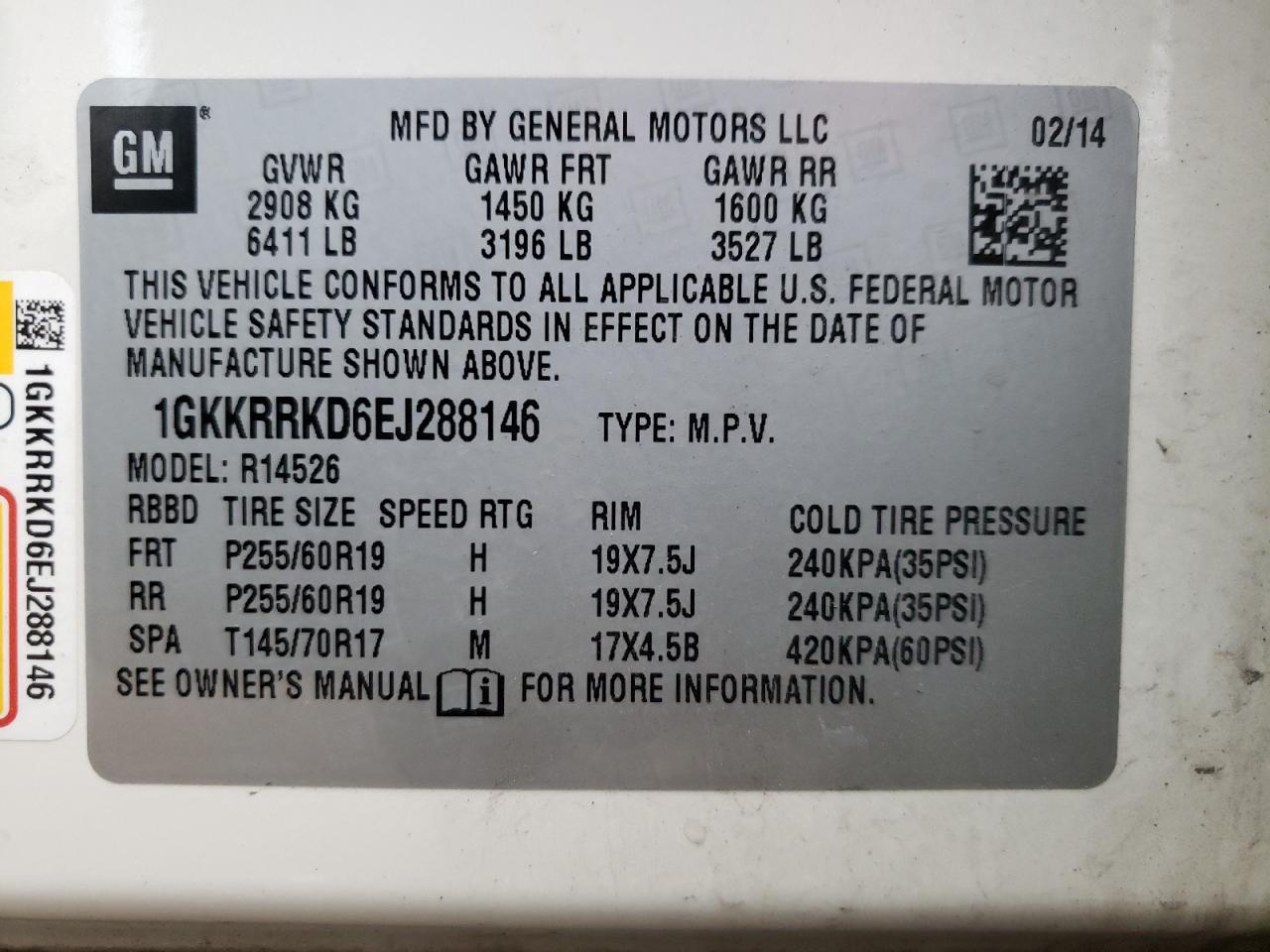 Photo 10 from auction – 2014 GMC ACADIA SLT with VIN 1GKKRRKD6EJ288146