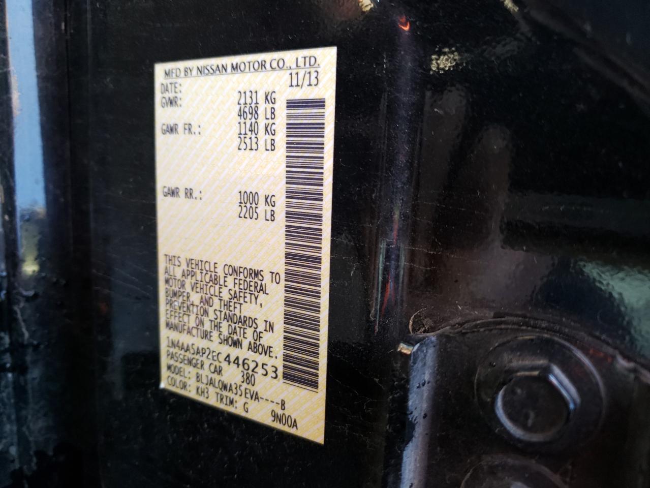 Photo 10 from auction – 2014 NISSAN MAXIMA S with VIN 1N4AA5AP2EC446253