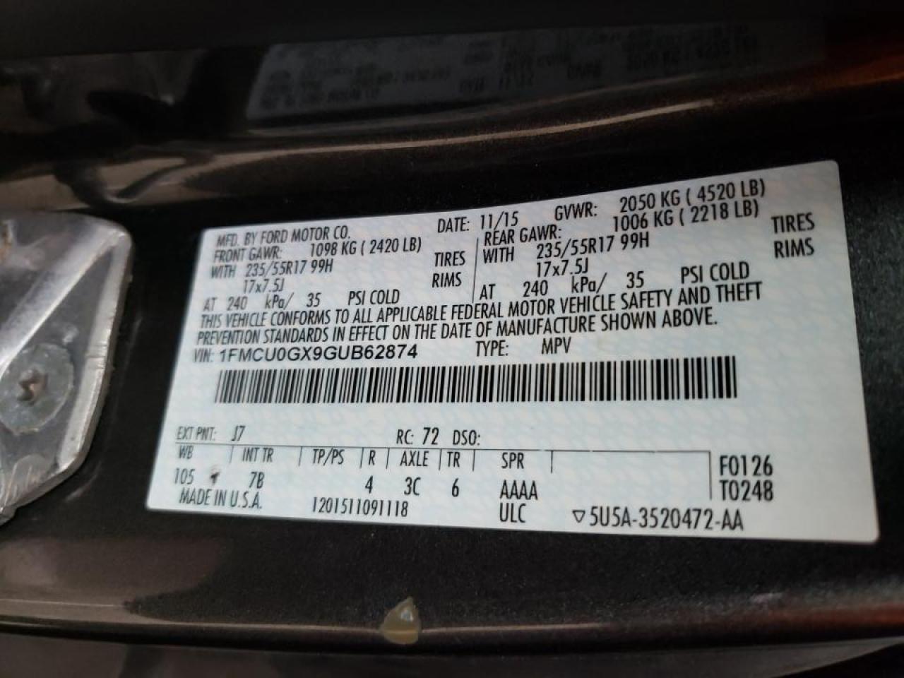Photo 10 from auction – 2016 FORD ESCAPE SE with VIN 1FMCU0GX9GUB62874