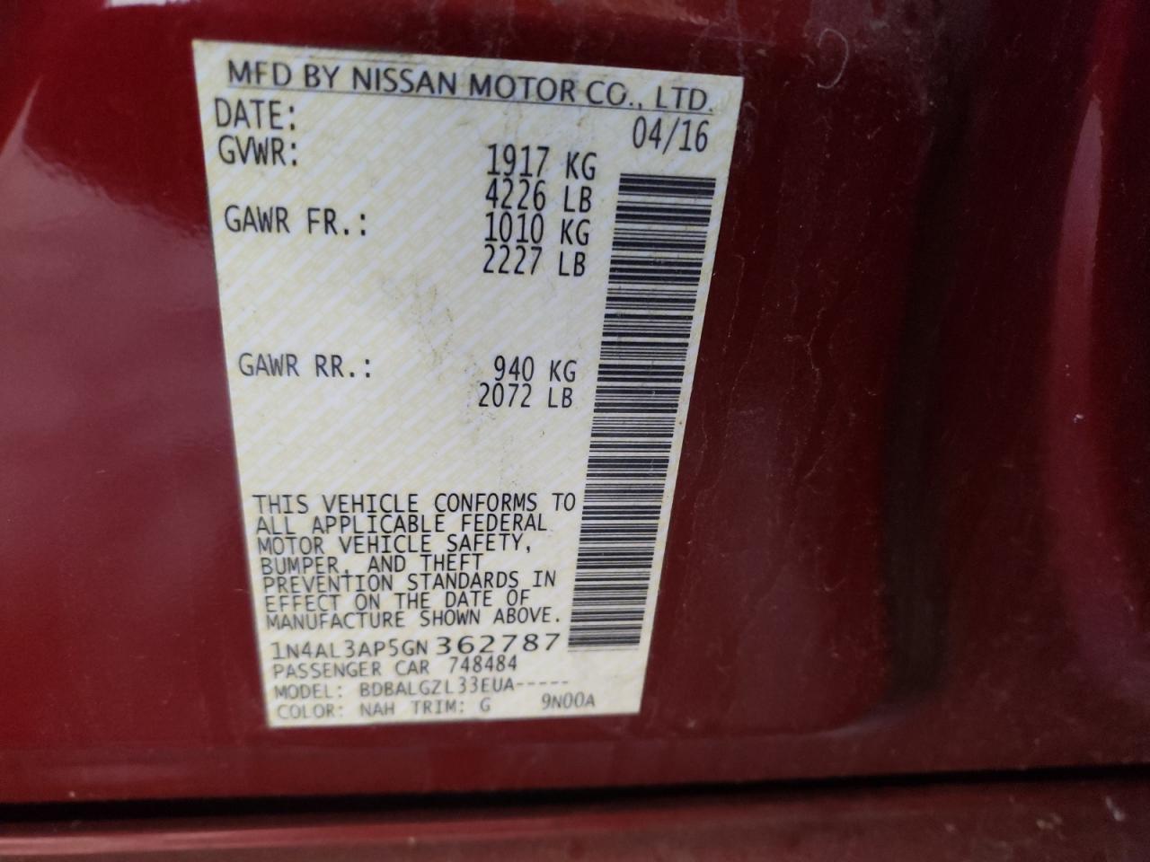 Photo 10 from auction – 2016 NISSAN ALTIMA 2.5 with VIN 1N4AL3AP5GN362787