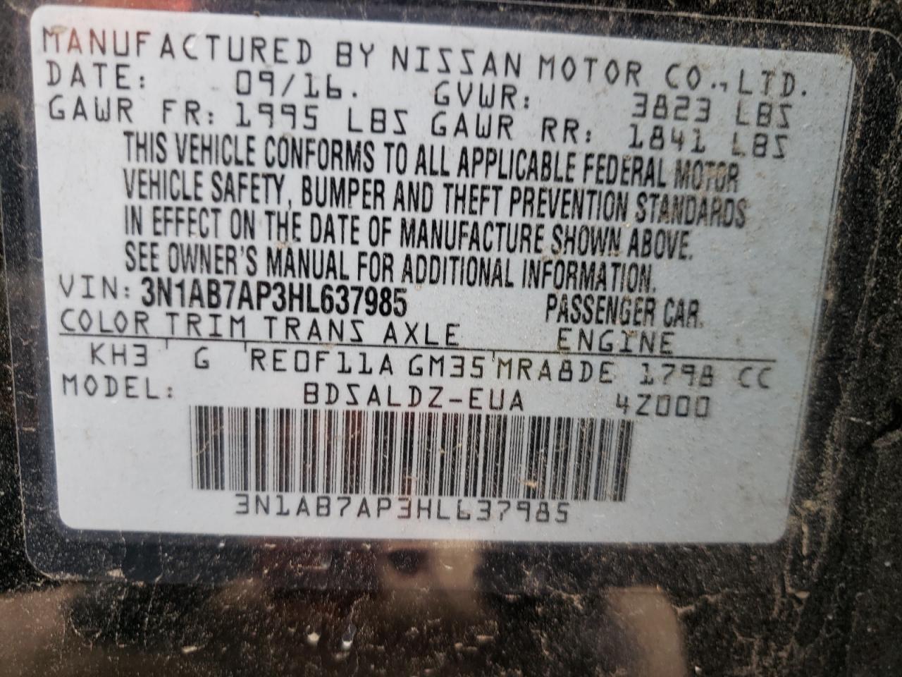 Фото 10 с аукциона – 2017 NISSAN SENTRA S с VIN 3N1AB7AP3HL637985