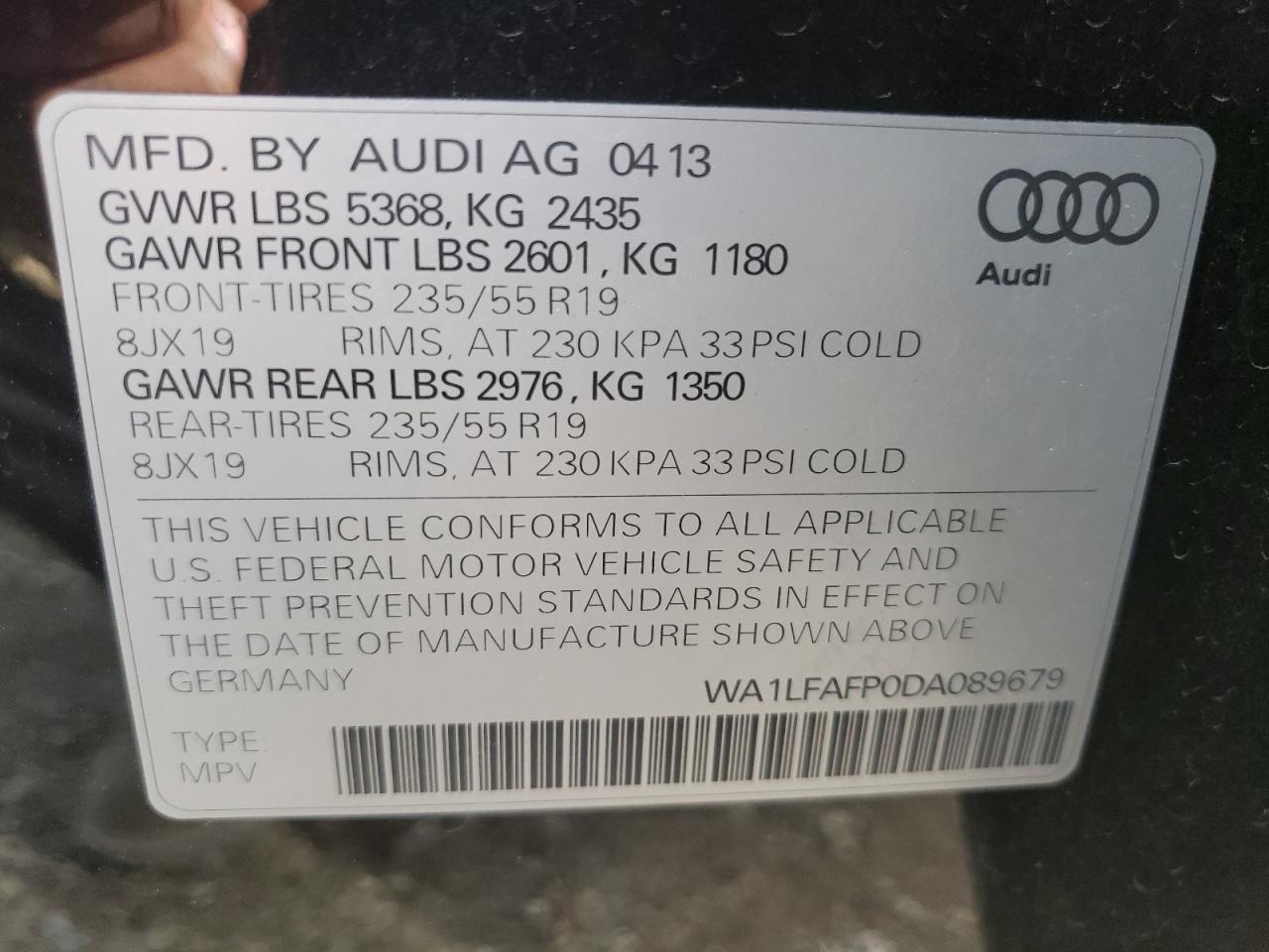 Photo 10 from auction – 2013 AUDI Q5 PREMIUM with VIN WA1LFAFP0DA089679