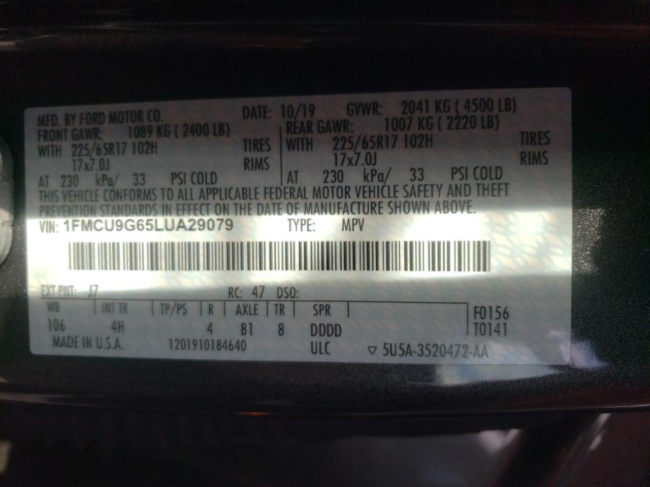 Photo 10 from auction – 2020 FORD ESCAPE SE with VIN 1FMCU9G65LUA29079