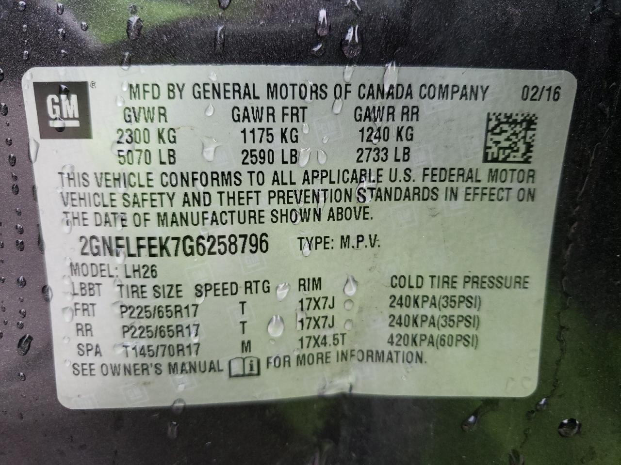 Photo 10 from auction – 2016 CHEVROLET EQUINOX LT with VIN 2GNFLFEK7G6258796
