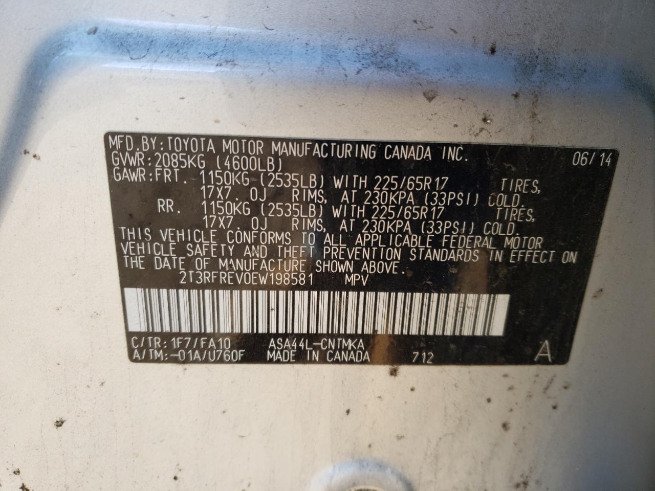 Photo 10 from auction – 2014 TOYOTA RAV4 XLE with VIN 2T3RFREV0EW198581