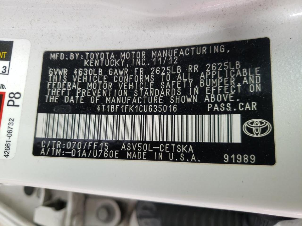 Photo 10 from auction – 2012 TOYOTA CAMRY BASE with VIN 4T1BF1FK1CU635016