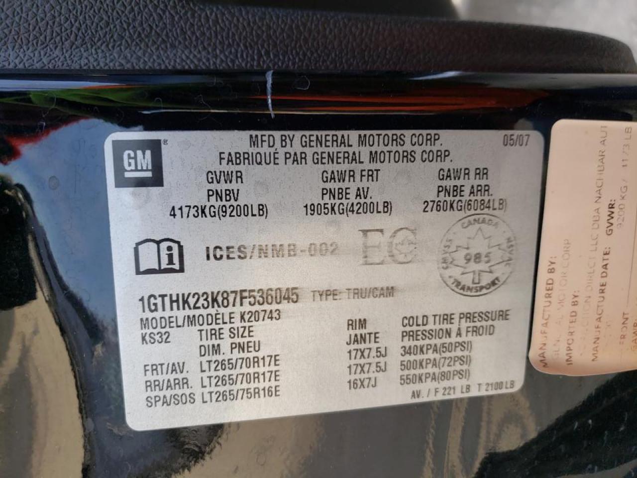 Photo 10 from auction – 2007 GMC SIERRA K25 with VIN 1GTHK23K87F536045
