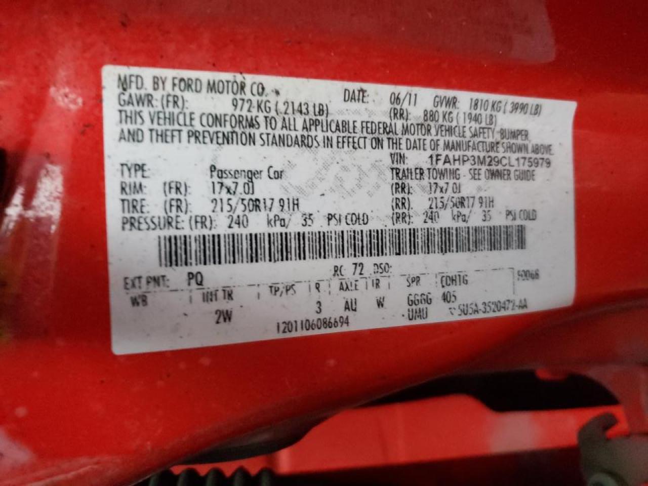 Photo 10 from auction – 2012 FORD FOCUS SEL with VIN 1FAHP3M29CL175979