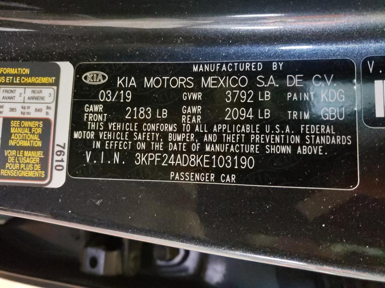 Photo 10 from auction – 2019 KIA FORTE FE with VIN 3KPF24AD8KE103190