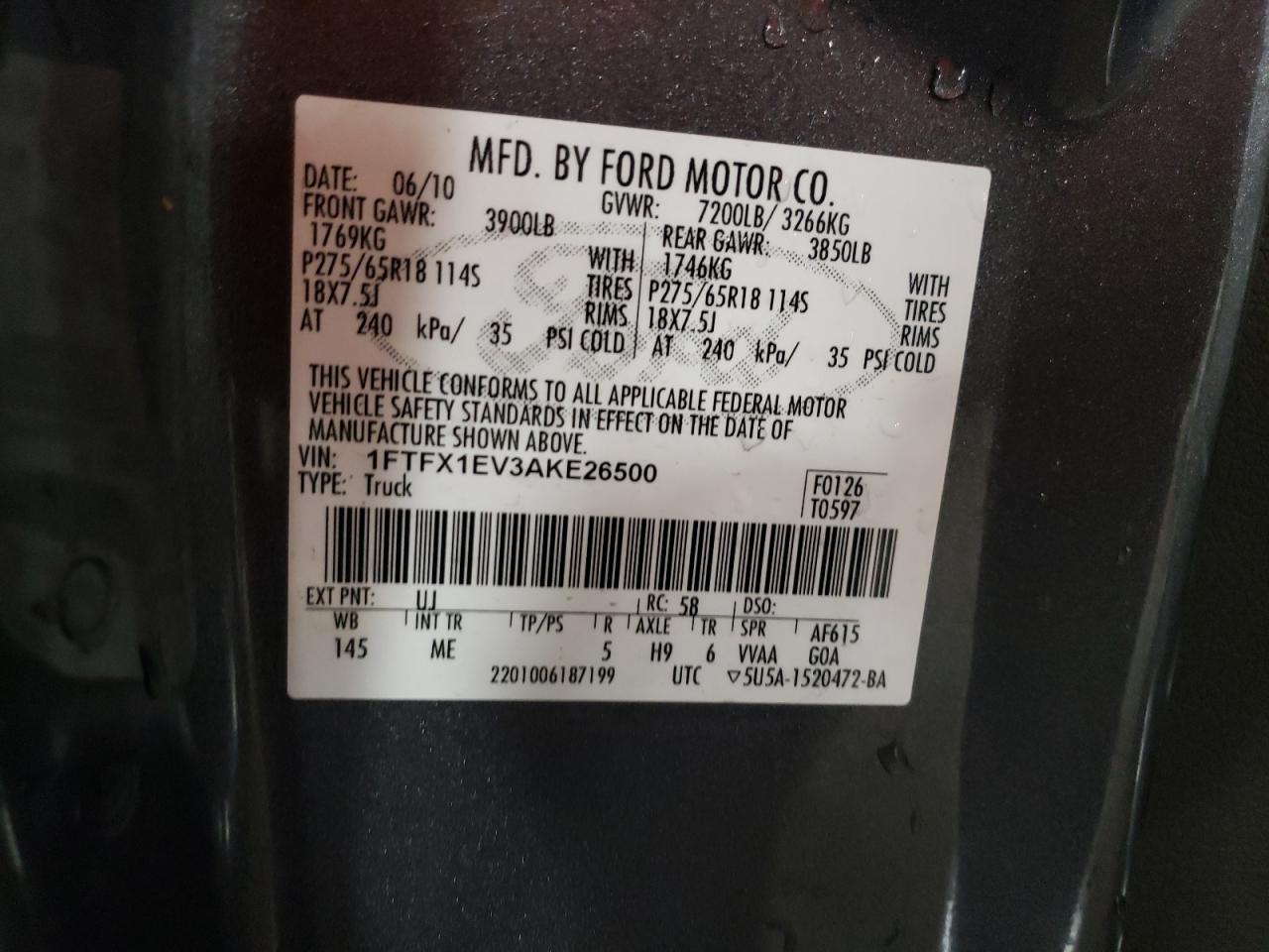 Photo 10 from auction – 2010 FORD F150 SUPER with VIN 1FTFX1EV3AKE26500