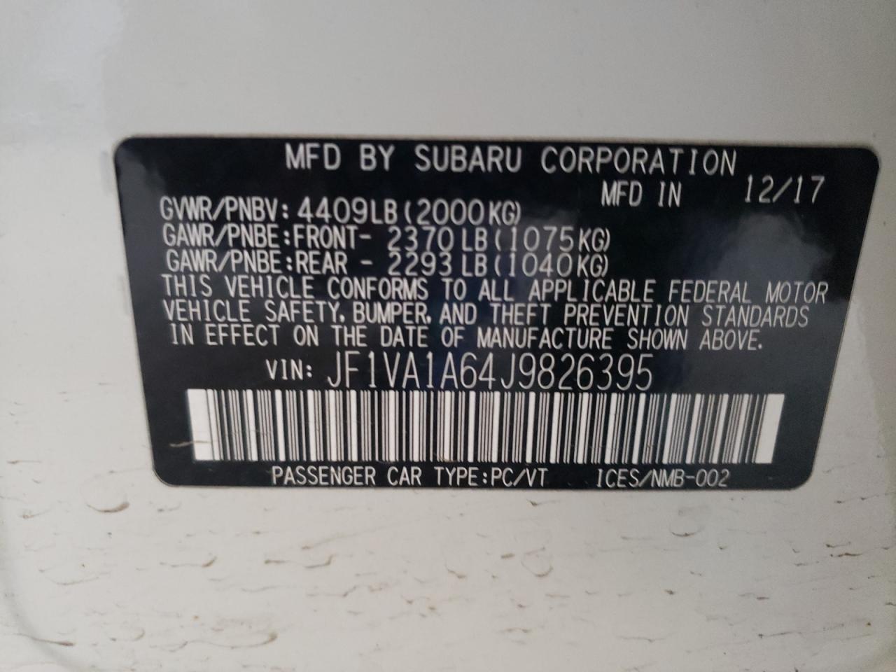 Photo 10 from auction – 2018 SUBARU WRX with VIN JF1VA1A64J9826395