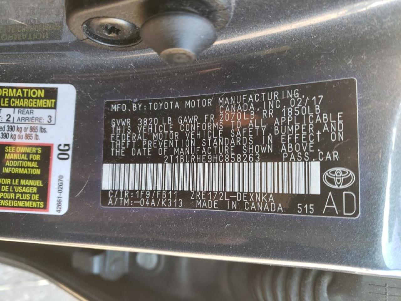 Photo 10 from auction – 2017 TOYOTA COROLLA L with VIN 2T1BURHE9HC858263