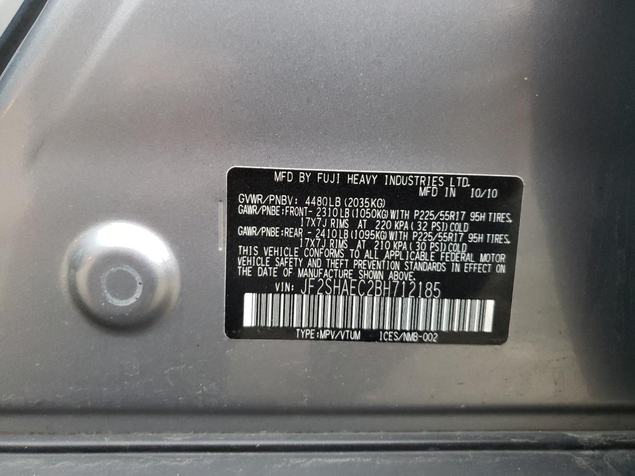 Photo 10 from auction – 2011 SUBARU FORESTER L with VIN JF2SHAEC2BH712185